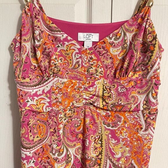 LOFT Women's Pink Orange Paisley Y2K Retro Beaded Strap Stretch Mini Dress 10P - Picture 3 of 7